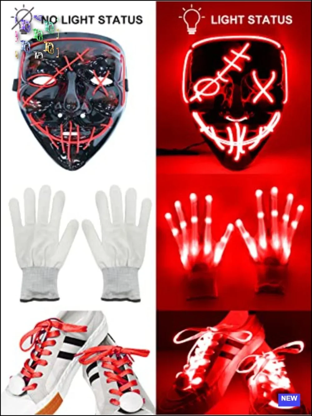 LED Mask Gloves Shoelace Set Halloween Cosplay Rave Kit EL Wire Glow